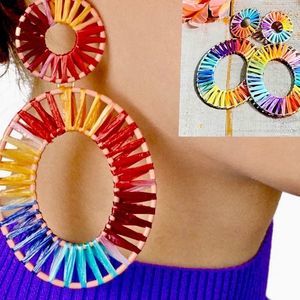 New Hand Made Rattatan Raffia Colorful Woven Statement Earrings